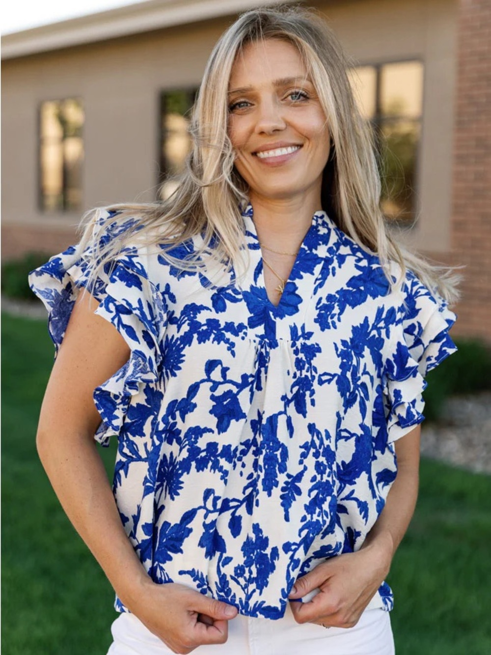 Pinch White Blouse with Royal Blue Floral Print and Ruffle Sleeves